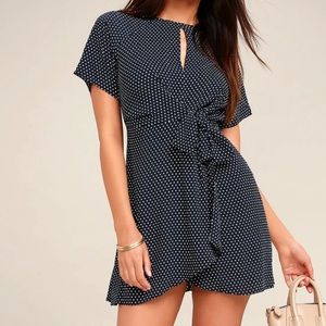 Darling Details Navy Blue Polka Dot Knotted Wrap Dress